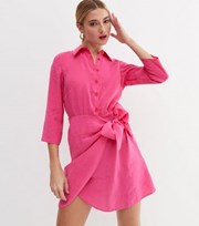 New Look Bright Pink 3/4 Sleeve Mini Wrap Shirt Dress
